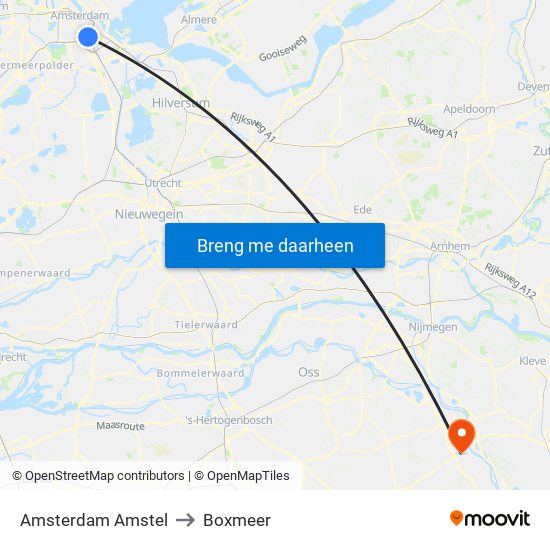 Amsterdam Amstel to Boxmeer map