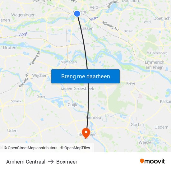 Arnhem Centraal to Boxmeer map