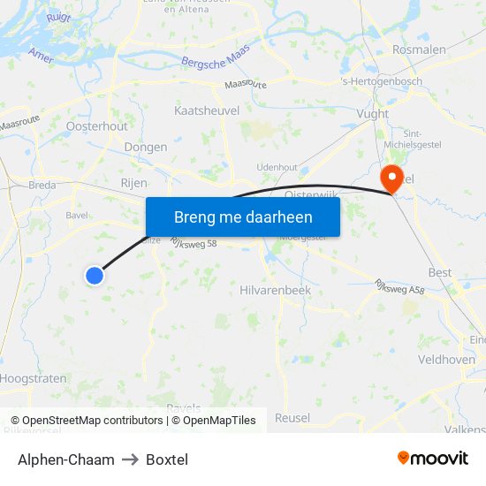 Alphen-Chaam to Boxtel map