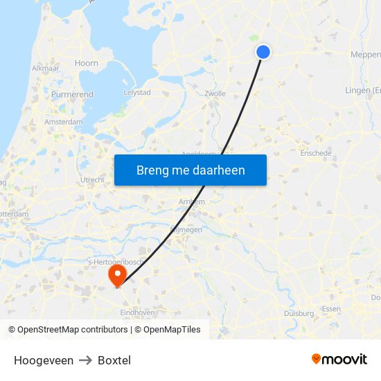 Hoogeveen to Boxtel map