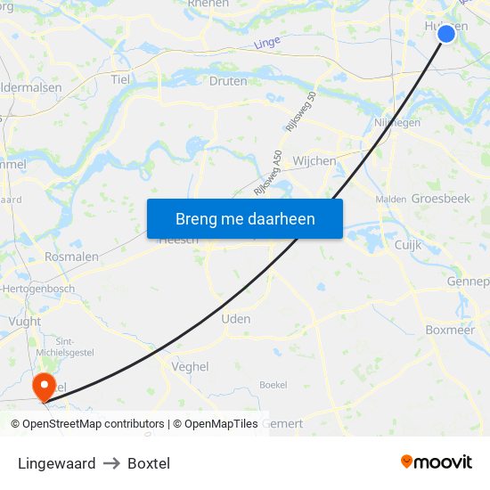 Lingewaard to Boxtel map