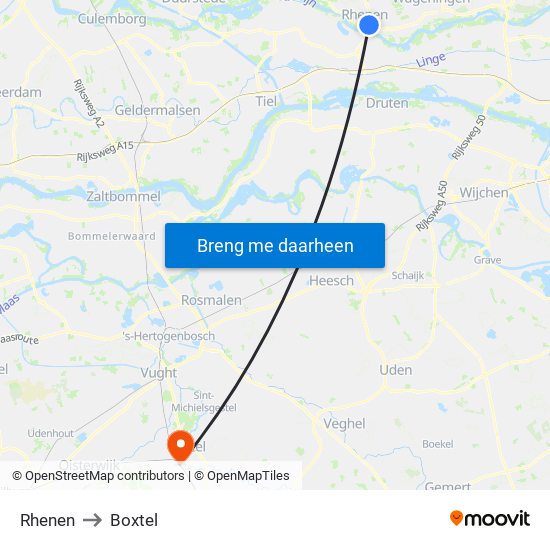 Rhenen to Boxtel map