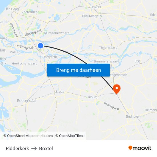 Ridderkerk to Boxtel map