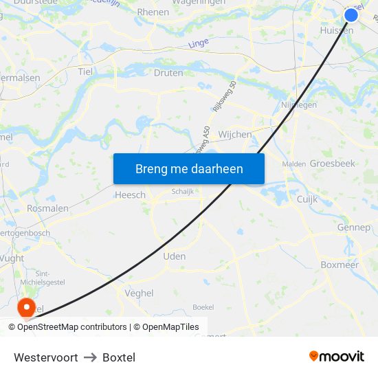 Westervoort to Boxtel map