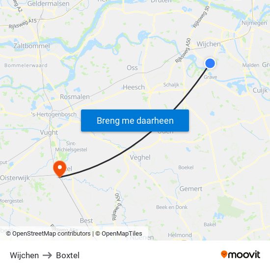 Wijchen to Boxtel map