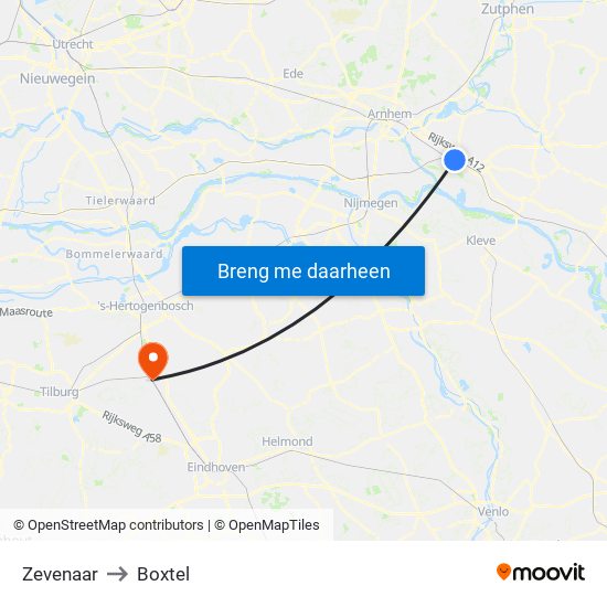 Zevenaar to Boxtel map