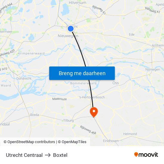 Utrecht Centraal to Boxtel map