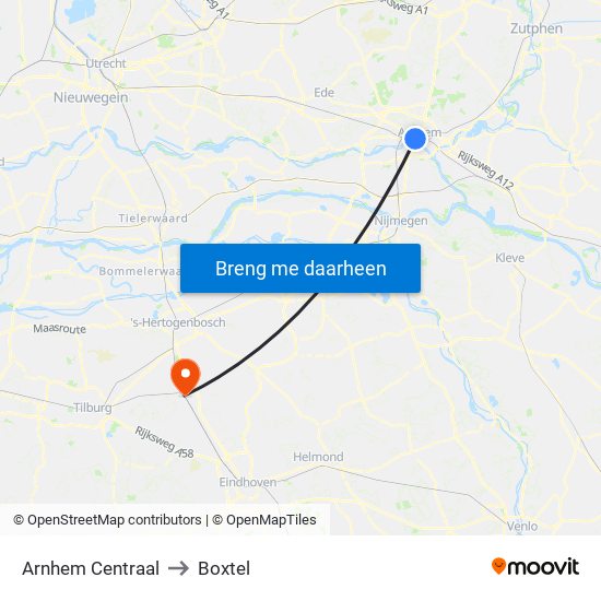 Arnhem Centraal to Boxtel map