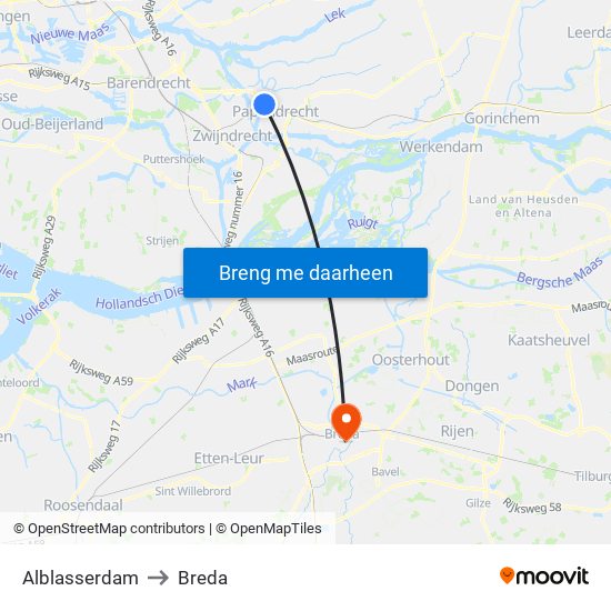 Alblasserdam to Breda map