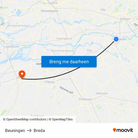 Beuningen to Breda map