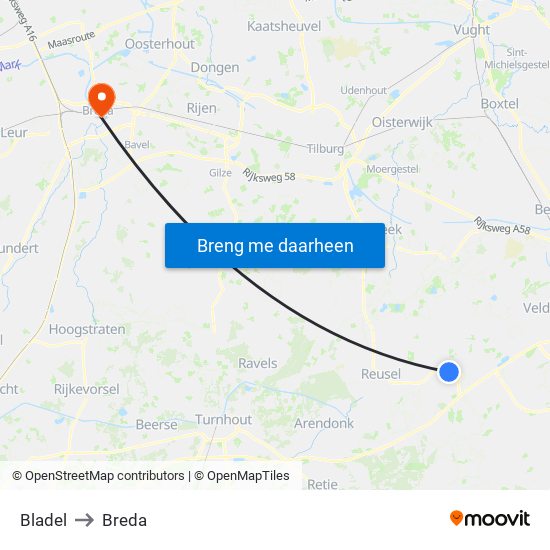 Bladel to Breda map