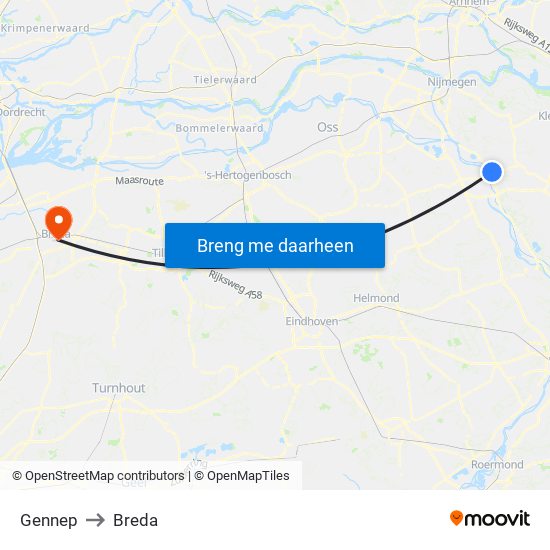 Gennep to Breda map