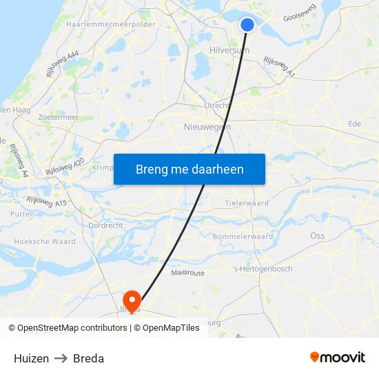 Huizen to Breda map