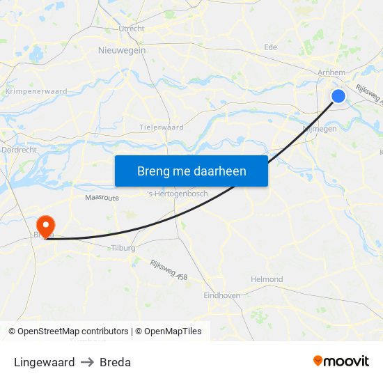 Lingewaard to Breda map
