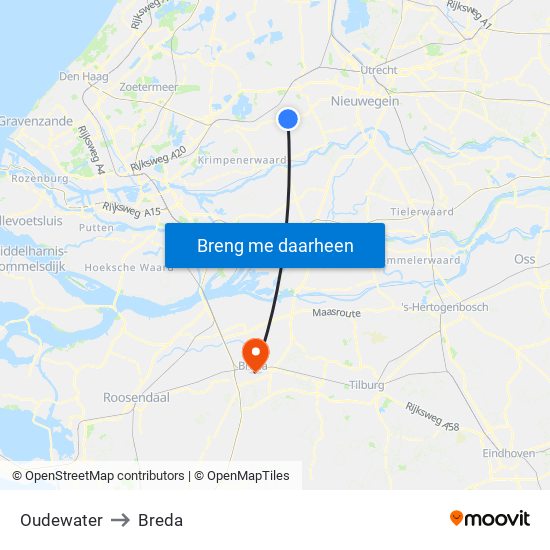 Oudewater to Breda map