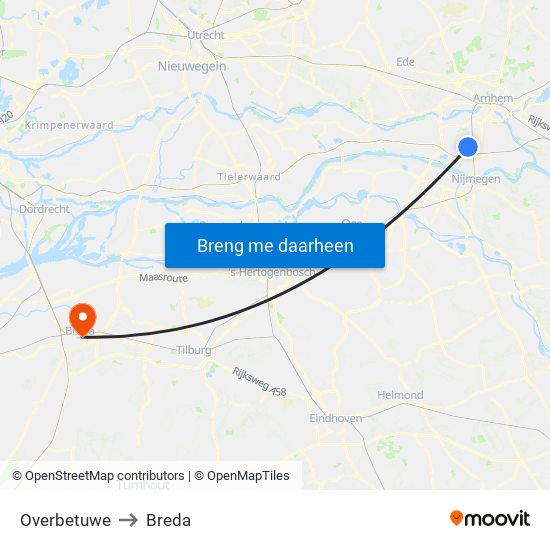 Overbetuwe to Breda map