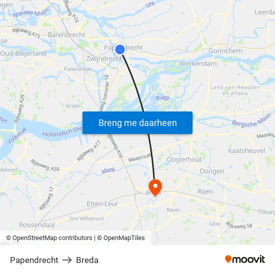 Papendrecht to Breda map