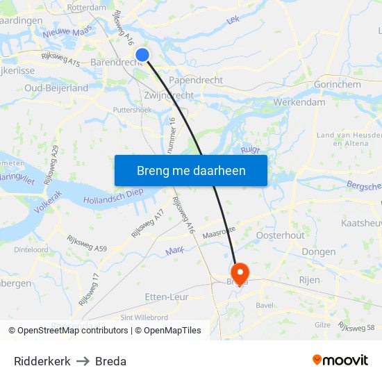 Ridderkerk to Breda map