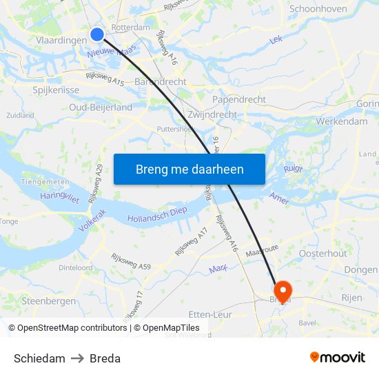 Schiedam to Breda map