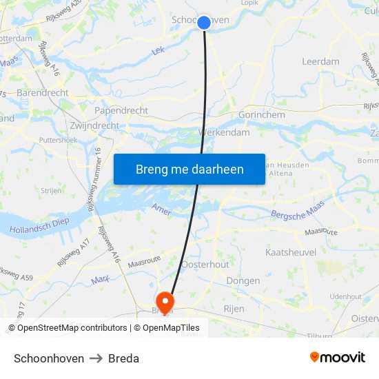 Schoonhoven to Breda map