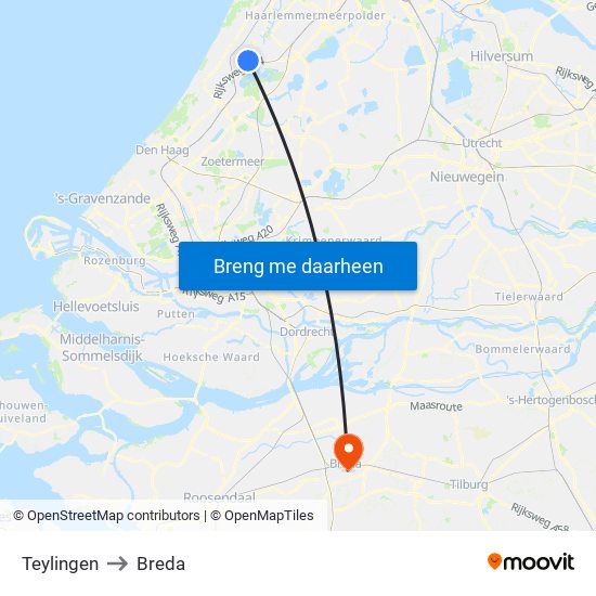 Teylingen to Breda map