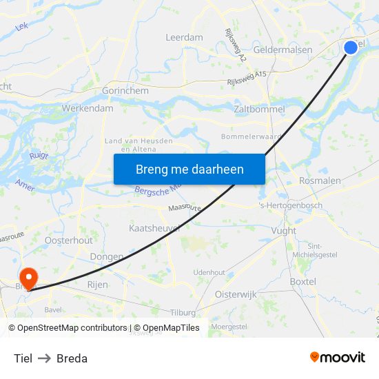 Tiel to Breda map