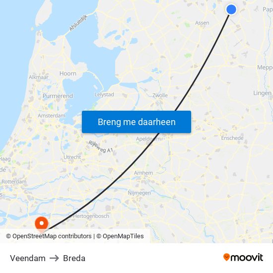 Veendam to Breda map
