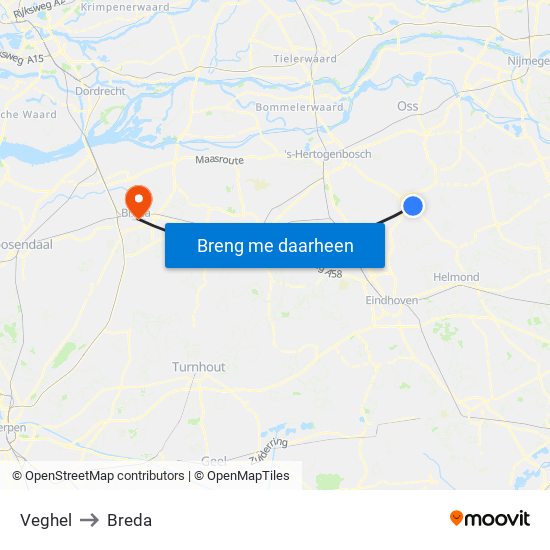 Veghel to Breda map