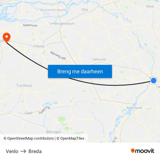 Venlo to Breda map