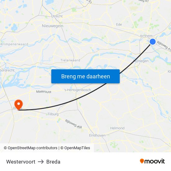 Westervoort to Breda map