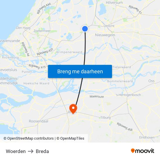 Woerden to Breda map