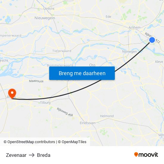 Zevenaar to Breda map