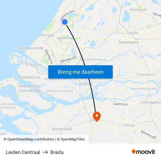 Leiden Centraal to Breda map