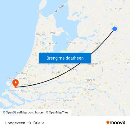 Hoogeveen to Brielle map