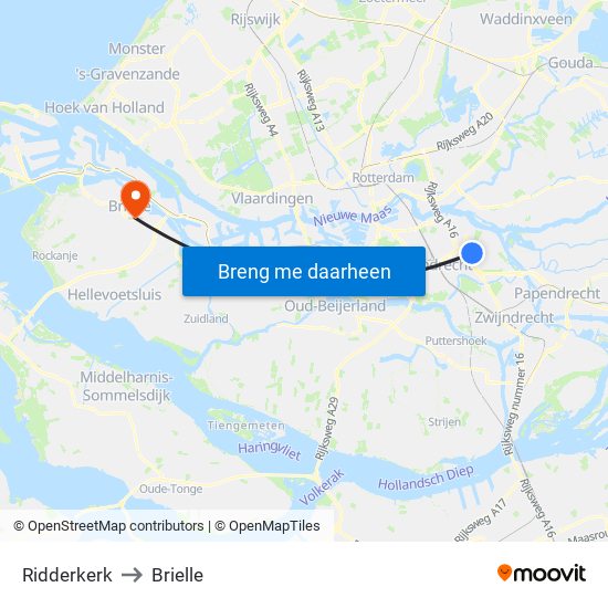 Ridderkerk to Brielle map