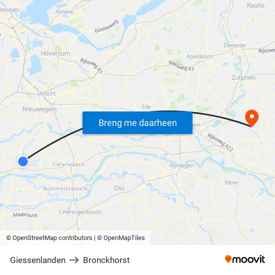 Giessenlanden to Bronckhorst map