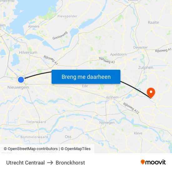 Utrecht Centraal to Bronckhorst map