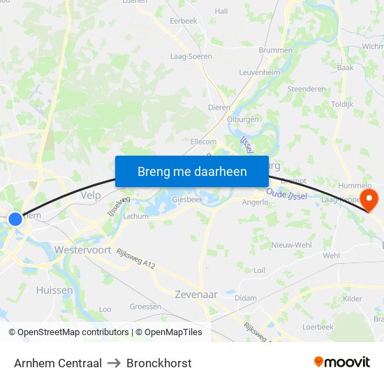 Arnhem Centraal to Bronckhorst map