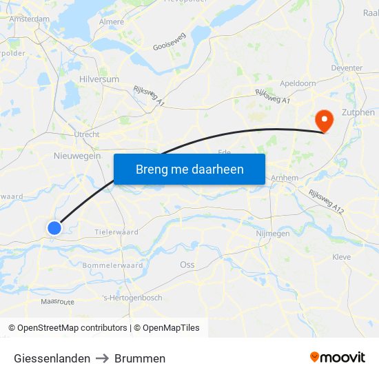 Giessenlanden to Brummen map