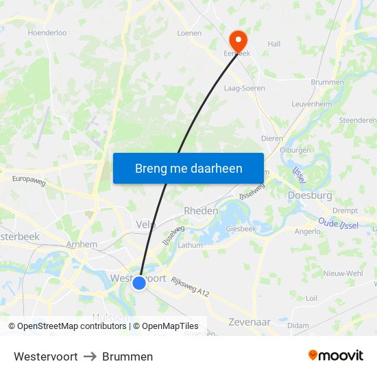 Westervoort to Brummen map
