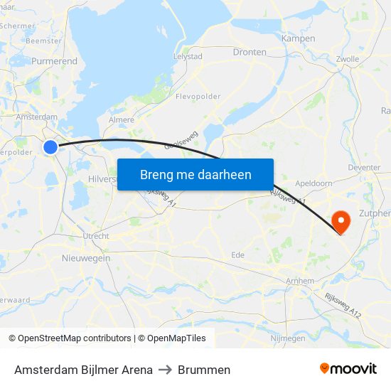 Amsterdam Bijlmer Arena to Brummen map