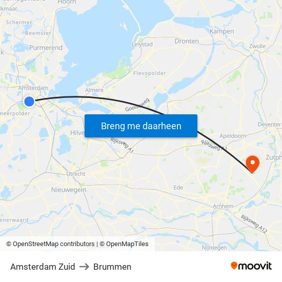 Amsterdam Zuid to Brummen map