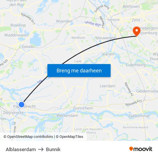 Alblasserdam to Bunnik map