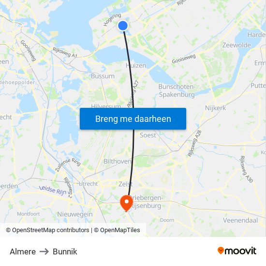 Almere to Bunnik map