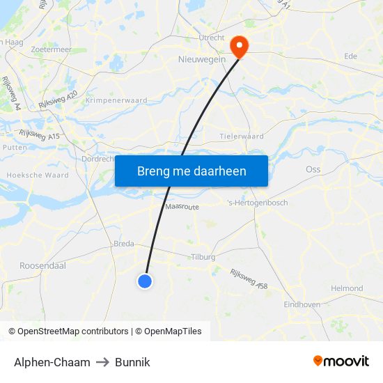 Alphen-Chaam to Bunnik map