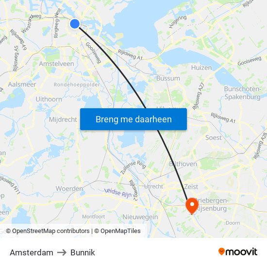 Amsterdam to Bunnik map