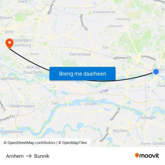 Arnhem to Bunnik map