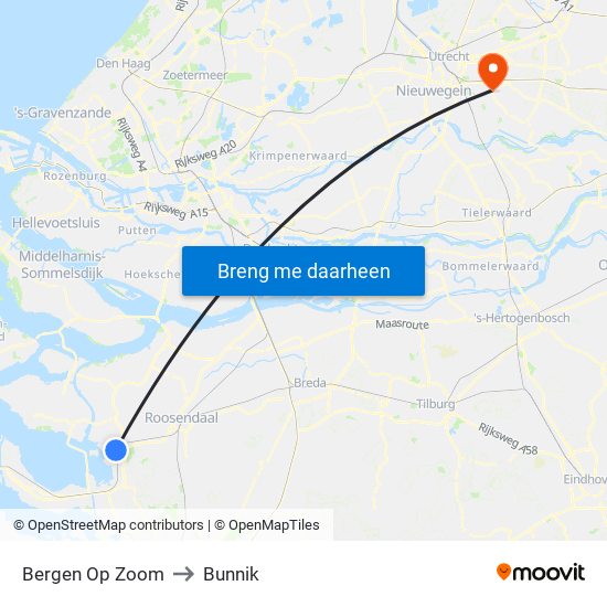 Bergen Op Zoom to Bunnik map