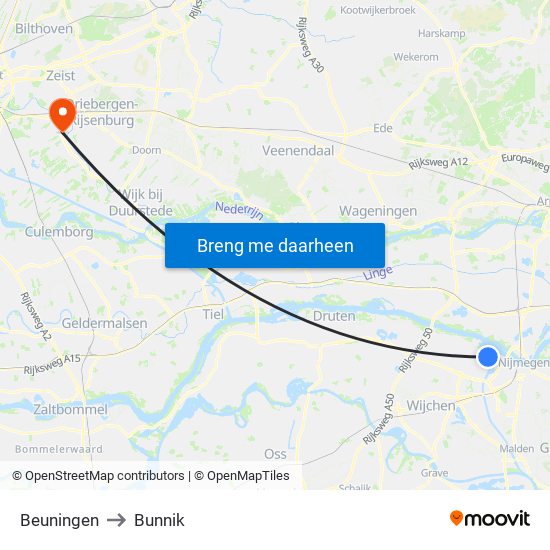 Beuningen to Bunnik map