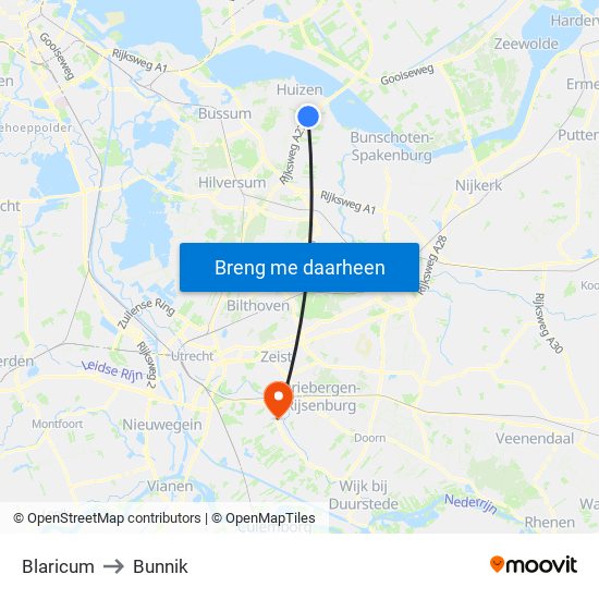 Blaricum to Bunnik map